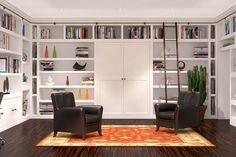 a living room with two chairs in front of a bookshelf filled with books