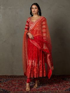 Ri.Ritu Kumar-Red Embroidered Kurta Set-INDIASPOPUP.COM Flared Suit, Flared Anarkali, Printed Kurti Designs, Designer Palazzo, Floral Suit, Dupatta Border, Suit Anarkali, Traditional Attires, Red Flare