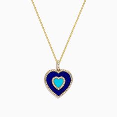 Novelty 14K Yellow Gold Lapis, Turquoise and Diamond Heart Pendant Blue 14k Gold Heart Pendant Jewelry, Blue 14k Gold Jewelry With Heart Cut, Blue 14k Gold Heart Cut Jewelry, Elegant Turquoise Jewelry With Heart Beads, Elegant Turquoise Heart Beads Jewelry, Valentine's Day Blue Gemstone Jewelry, Elegant Turquoise Heart-shaped Jewelry, Luxury Blue Jewelry For Valentine's Day, Luxury Blue Heart-shaped Necklace