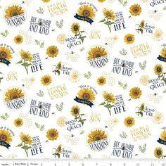 sunflowers and bees on white background with words that say, be happy and sunny