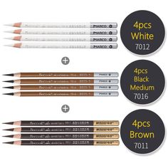 three pencils with different types of writing on the top and bottom one is brown