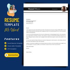 a cover letter for a resume is shown on a blue background with the title'resume template me - word features '