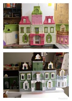 there are two pictures of the same doll house in different stages of construction and being displayed