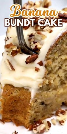 a slice of banana bundt cake with white frosting and pecans on top