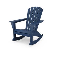 a blue plastic rocking chair on a white background