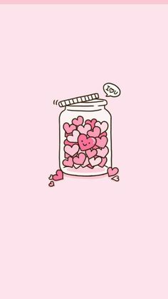 a jar filled with hearts on top of a pink background