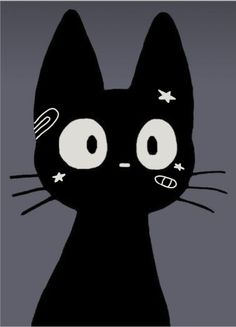 a black cat with white eyes and stars on it's forehead is looking at the camera