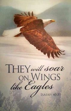 an eagle flying in the sky with words above it that read they will soar on wings like eagles