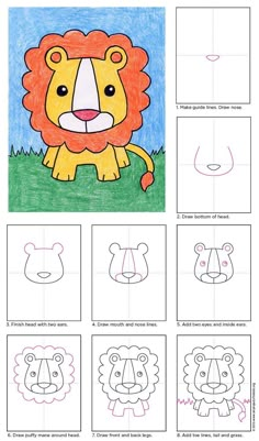 how to draw a lion face with different shapes and colors for children's drawings