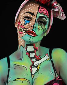 Halloween Women Makeup, Zombie Face Paint, Comic Makeup, Mexican Makeup, Beautiful Halloween Makeup, Pop Art Zombie, Makeup Stand, Pop Art Makeup, Creepy Halloween Makeup