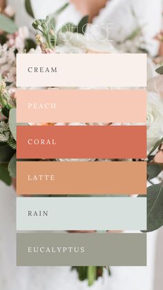 This mood board features a serene peach and eucalyptus color palette, combining soft, warm tones of peach and coral with cool, refreshing hues of light sage, soft green, and creamy neutrals. The overall design exudes natural elegance, perfect for small business branding or weddings. The balance of earthy greens and warm peach shades creates a harmonious, calming aesthetic, ideal for modern, sophisticated themes with a touch of organic beauty and romance. Shades Of Peach Wedding, Terracotta And Peach Wedding Palette, Sage Green And Coral Pink Wedding, Neutral Tone Wedding Colour Palettes, Neutral Wedding Colors With Pop Of Color, Wedding Summer Color Palette, Eucalyptus Color Palette Wedding, Boho Wedding Colors Palette Summer, Soft Fall Color Palette Wedding