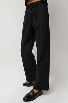 Straight leg trouser in pinstripe. Single front pleat and belt loops. Professional or casual cool. Pair with the No.6 Lana Top in Midnight Pinstripe for the full look. No 6, Full Look, Straight Leg Trousers, Fit Check, Brand Identity, Dream Closet, Straight Leg, Trousers, Pants