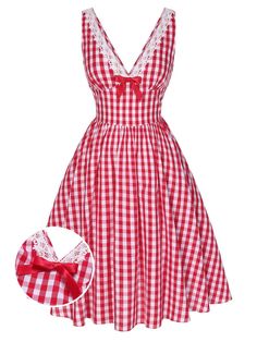 [Pre-Sale] Red 1950s Lace V-Neck Plaid Dress Answer The Phone, Retro Stage, Halloween Skirt, Peacock Dress, Tie Neck Dress, Standard Dress, Dress Retro, Red S, Square Neck Dress