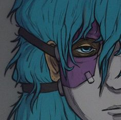 a drawing of a man with blue hair wearing a purple mask on his face and nose