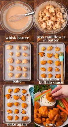 the steps to make buffalo chicken bites are shown