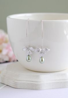 Silver Orchid Flower Sage Green Olivine Pearls Long Dangle Sage Wedding, Earrings Bridesmaid, Sister Wife, Long Dangle Earrings, Orchid Flower, Bridesmaid Earrings, Bridesmaid Gift, Wedding Earrings, Bridal Earrings