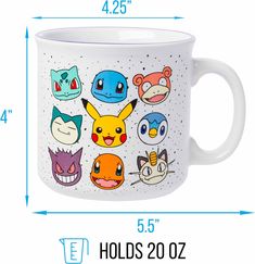 the pokemon mug has many faces on it and is shown with measurements for each cup