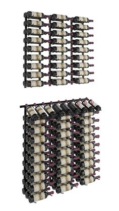 two rows of wine bottles stacked on top of each other in front of a white background