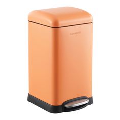 an orange trash can with the lid closed and black trimming around it's sides