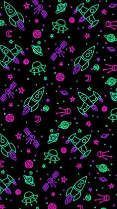 an image of neon colored space related items on a black background with stars and planets