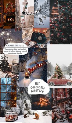 a collage of christmas scenes with the words hot chocolate winter