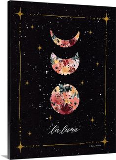 three phases of the moon with flowers and stars in the night sky above them, on a black background