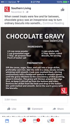 the chocolate gravy recipe is displayed on an iphone