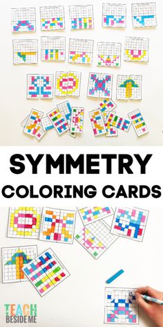 a collage of different colored squares and numbers with the text, symmetrically coloring cards