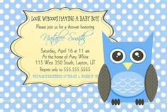 an owl baby shower is shown in blue and white with polka dots on the background