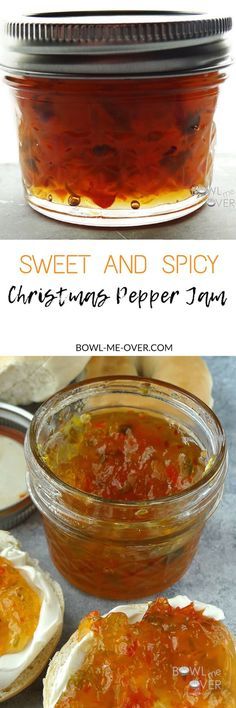 an image of homemade christmas pepper jam in a glass jar with text overlay that reads, sweet and spicy christmas pepper jam