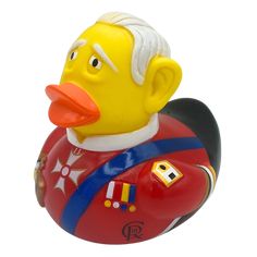 a yellow rubber duck wearing a red uniform