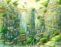 a painting of a city with lots of buildings and plants growing on the top of it