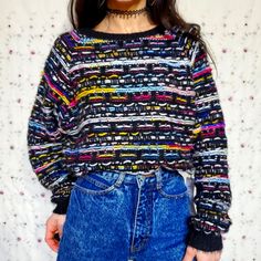 Super Cool Unisex Mom / Dad Oversized Sweater That's Perfectcly Soft, Thick, And Stretchy With Unique Multicolor Stitching Reminiscent Of Retro Iconic Coogi Sweaters. I Forgot Pics Of The Back But It Looks Exactly The Same As The Front. Shown On 5'4-110lbs-Xs-32b 21" Width 13.5" P2h 19" Arm In 80s 90s Y2k Kitschy Goth Grunge Eclectic Comfy Baggy Loose Nerd Alt Emo Lgbt Edgy Punk Skate Chic Boho Anthropologie Urban Outfitters Trendy Black Knit Sweater, Black Chunky Knit Cropped Long Sleeve Sweater, Black Textured Knit Cropped Sweater With Crew Neck, Black Textured Knit Cropped Sweater, Black Knit Sweater For Spring, Spring Black Sweater With Knit Fabrication, Black Long Sleeve Chunky Knit Cropped Sweater, Trendy Black Knitted Cropped Sweater, Trendy Black Textured Knit Cropped Sweater