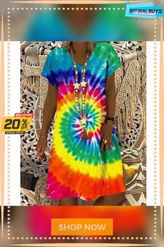 Women's Shift Dress Midi Dress Rainbow Short Sleeve Rainbow Print Spring Summer V Neck Casual S M L Xl Xxl 3xl Colorful V-neck Mini Dress, Casual Multicolor Shift Mini Dress, Multicolor Shift Mini Dress With Short Sleeves, Casual Colorful V-neck Dresses, Midi Shift Dress, Womens Shift Dresses, Rainbow Tie, Rainbow Print, Dress Midi