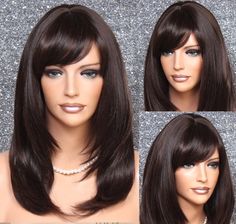 "~We mainly sale our wigs to cancer and alopecia patients. Therefore, we do not accept any returns on wigs. Please choose wisely and ask all questions before making your purchase/purchases. All sales on wigs are final. Thank you in advance for your consideration.~ WIG SPECIFICS Material: Human Hair Blend Type: Classic Weft cap Length: 20\" Long Stretched Length of Bangs: 4\" Type of Cap: Center part Heat Safe: Yes Adjustable: Yes Size: Average (fits head size 21.5-22.5\" in circumference) BENEFI Bangs Center Part, Silver Bob, Platinum Bob, Blend Wig, Carmel Brown, Full Lace Front Wigs, Auburn Brown, Full Bangs, Romantic Curls