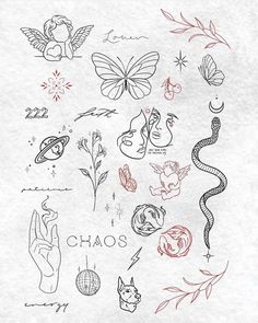 an image of tattoos drawn on paper with the words chaos written in red and black