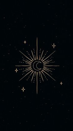 the sun and moon are shining in the dark sky with stars on it, as well as an arrow