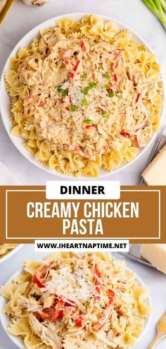 creamy chicken pasta in a white bowl with parmesan cheese on top