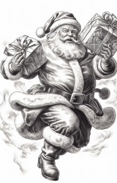 a black and white drawing of santa claus holding a gift box in his right hand