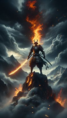 a man standing on top of a mountain with fire in his hands and holding two swords