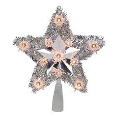 a silver and white star ornament with lights