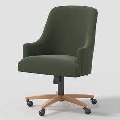 a green office chair with casteors and wheels on an isolated white background, front view