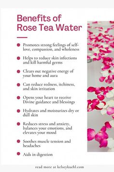 Rose water is simply water that has been infused with the spiritual and physical properties of rose petals. Rose is known as the "Queen of Flowers" and is a powerful healer of the heart. The benefits of rose water are incredible! You can use rose water for almost everything from cosmetic and beauty purposes to spiritual healing. Rose Tea Benefits, Benefits Of Rose Water, Divine Guidance, Natural Health Care, Natural Cold Remedies