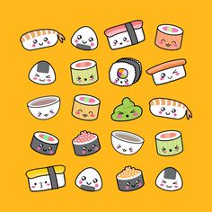 an assortment of sushi on a yellow background