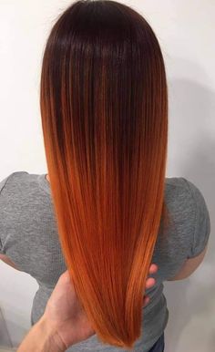 Dark Roots Orange Hair Balayage, Rooted Copper Hair, Copper Balayage Straight Hair, Orange Hair Balayage, Brown To Orange Hair, Orange Hair Colors, Orange Copper Hair, Red Hair Updo