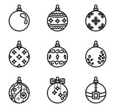 twelve christmas ornaments in black and white, with one line drawn on the bottom right corner