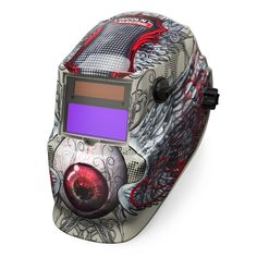 a helmet with an image of a dragon on the front and purple screen in the middle