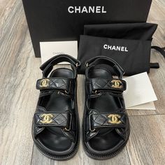 New Chanel Dad Sandals 24 S Collection With Gold Hardware Complete Set Rare Item Chanel Dad Sandals, Dad Sandals, Wealthy Women, Chanel Casual, Chanel Sandals, Christian Louboutin Women, Gucci Men Shoes, Louis Vuitton Sandals, Dolce And Gabbana Man