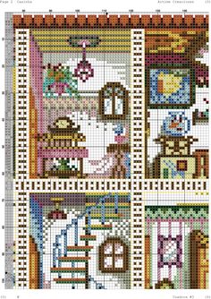 cross stitch pattern with four different pictures and numbers on the same page, each showing an image