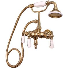 an old fashioned shower faucet with two handset and hose attached to it